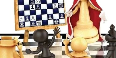 Chess pieces analyzing a game on a board with a king leading the discussion.