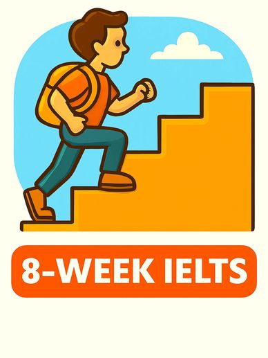 IELTS boost icon with student climbing steps. Shows confidence-building for intermediate Students in