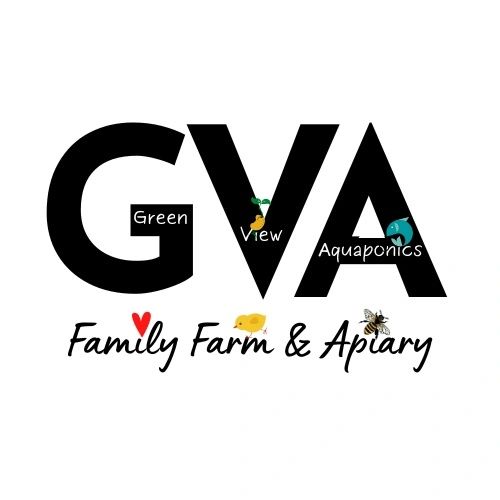 Logo for Green View Aquaponics Family Farm &amp; Apiary with farm and bee icons.