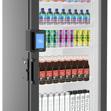Modern refrigerated vending machine stocked with assorted beverages and digital payment.