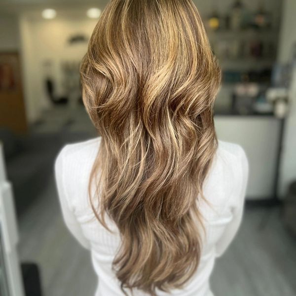 Long Chocolate brunette and blonde Balayage. Affordable. Cambridge. Hairdressers CB2 9BS.
