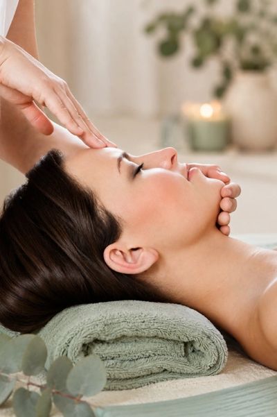 Woman receiving a relaxing facial massage.