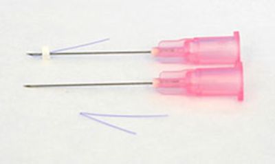 Two pink hypodermic needles with purple wires on a white background.