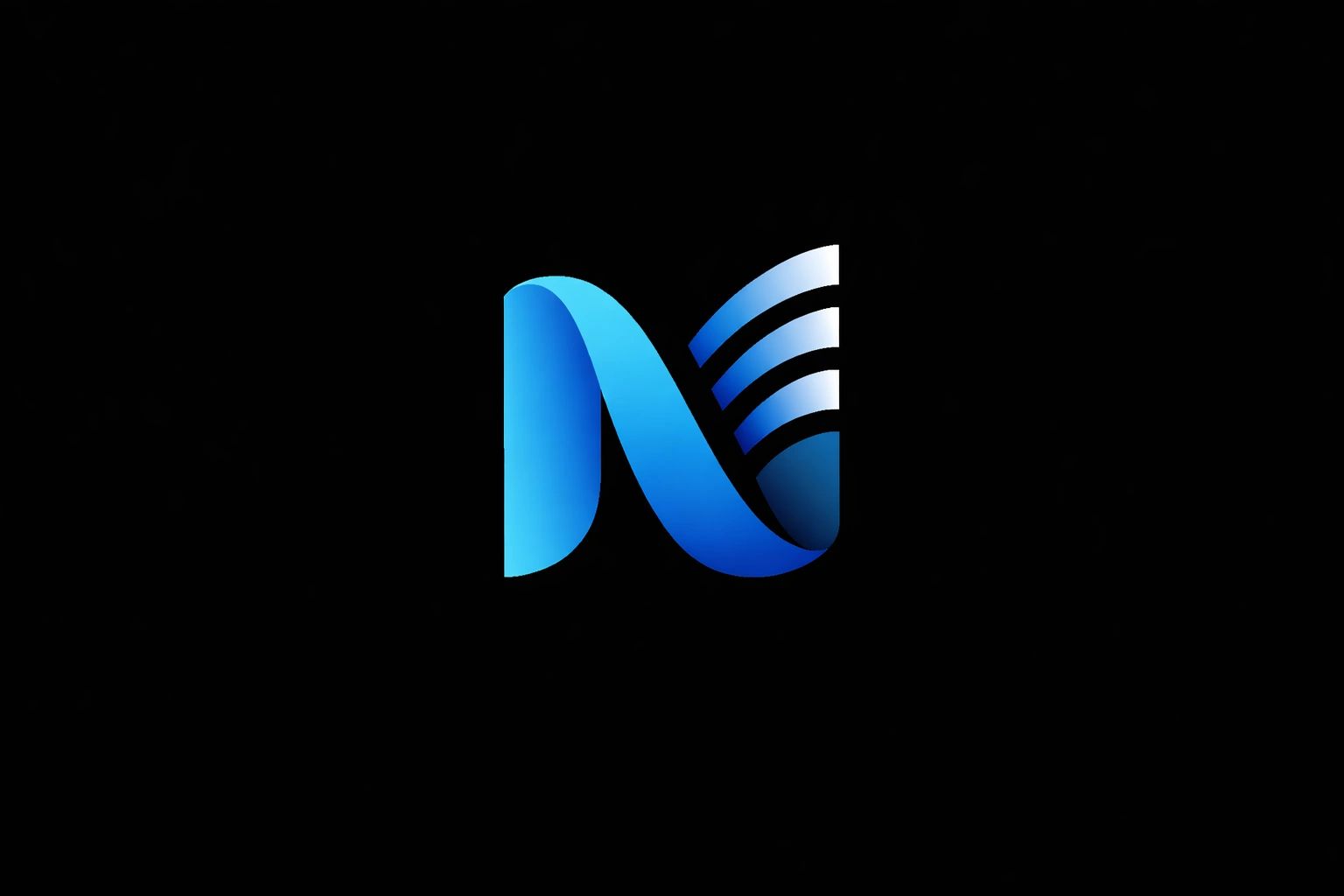Blue stylized letter N logo with wave-like design on black background.