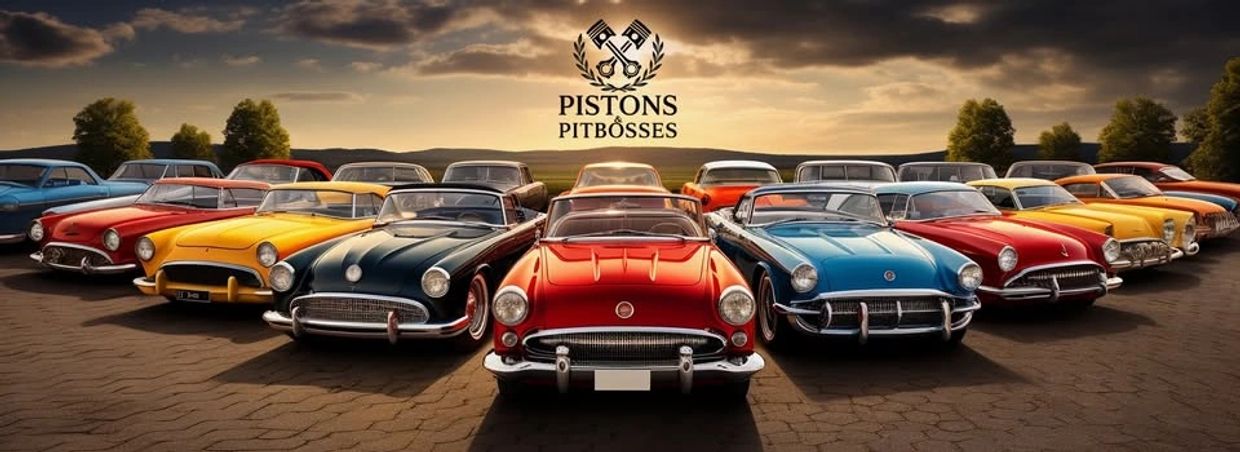 A line of classic colorful cars under a dramatic sky.