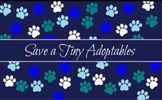 A colorful banner encouraging adoption of small pets with paw prints.