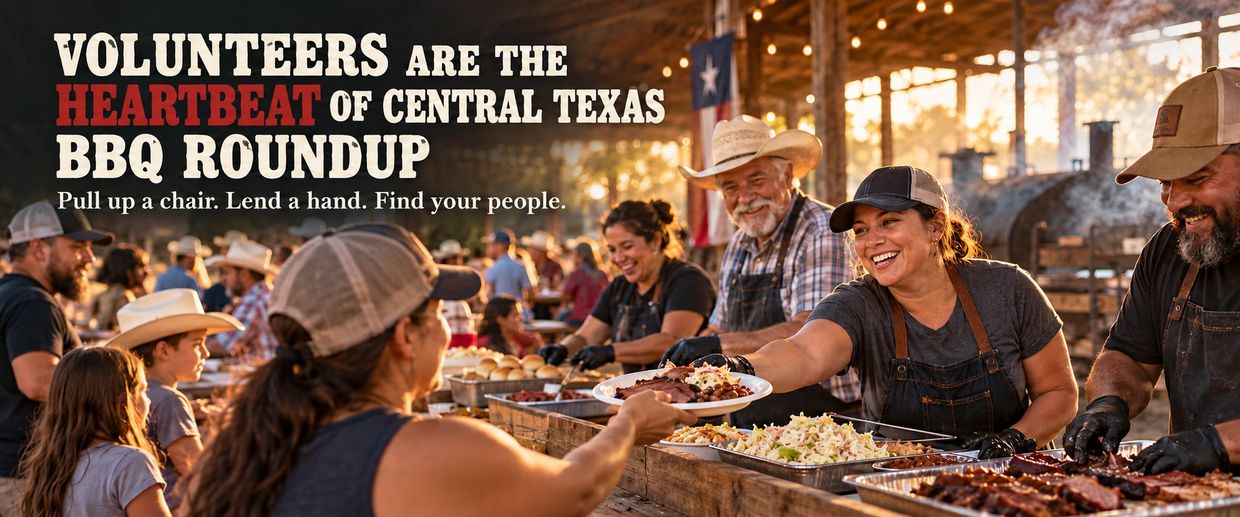 Volunteers serving BBQ at Central Texas BBQ Roundup event.