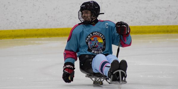 Athlete in blue and pink jersey playing para ice hockey on ice rink.