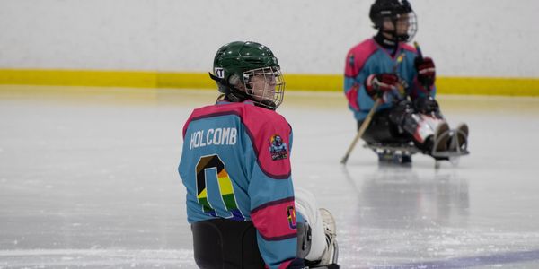 Two sled hockey players in colorful jerseys on the ice rink.