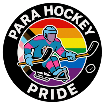 Logo featuring a para ice hockey player with a pride flag background.