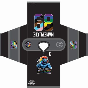 Hockey jersey with pride-themed number and logo.