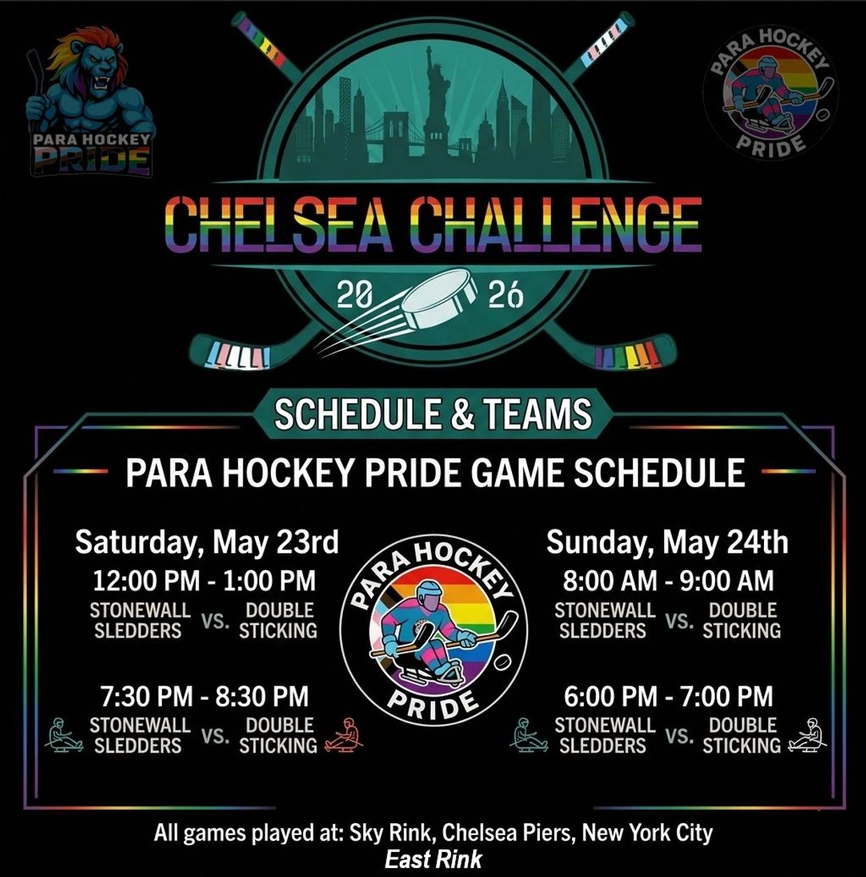 Para Hockey Pride Chelsea Challenge game schedule for May 23-24, 2026 in NYC.