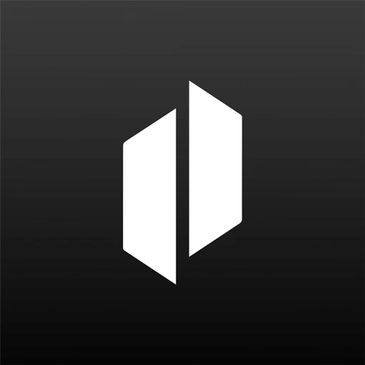 White abstract logo on black background with two vertical shapes.