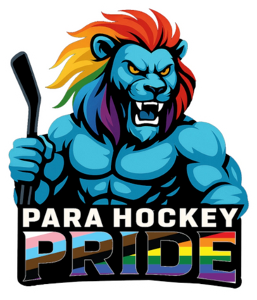 Colorful muscular lion holding a hockey stick with 'Para Hockey Pride' text.