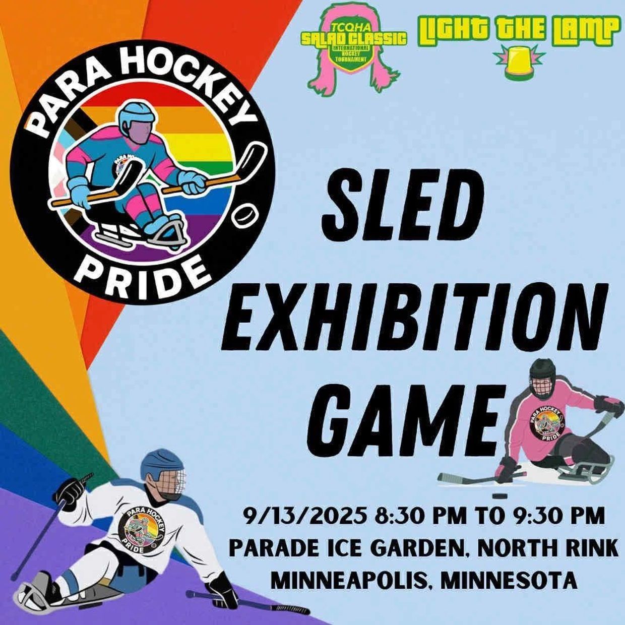 Para Hockey Pride sled exhibition game poster with rainbow colors and event details.