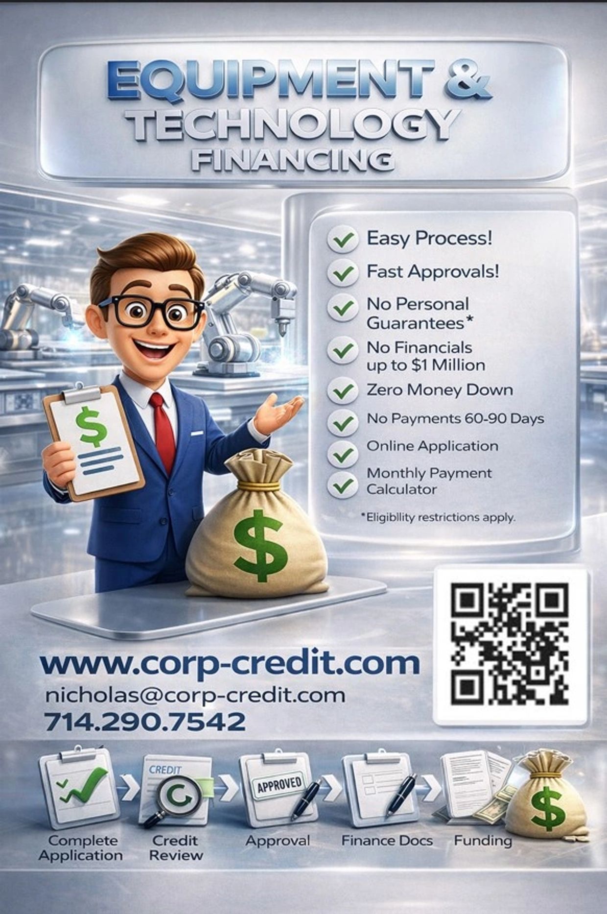 Animated businessman promotes equipment and technology financing with easy process and fast approvals.