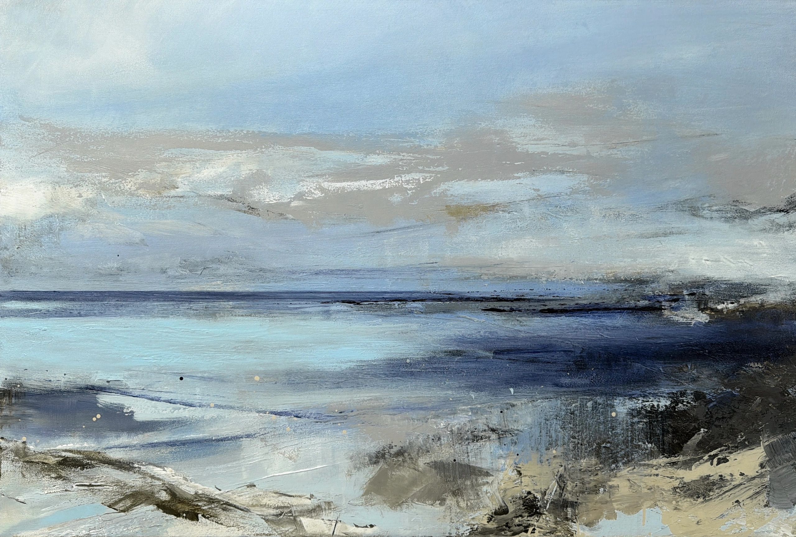 Abstract painting of a seascape with blue and gray tones.