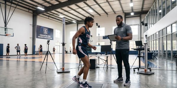 Athlete training with coach in gym, using tablet for performance analysis.