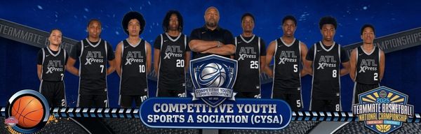 Youth basketball team posing together in black jerseys.