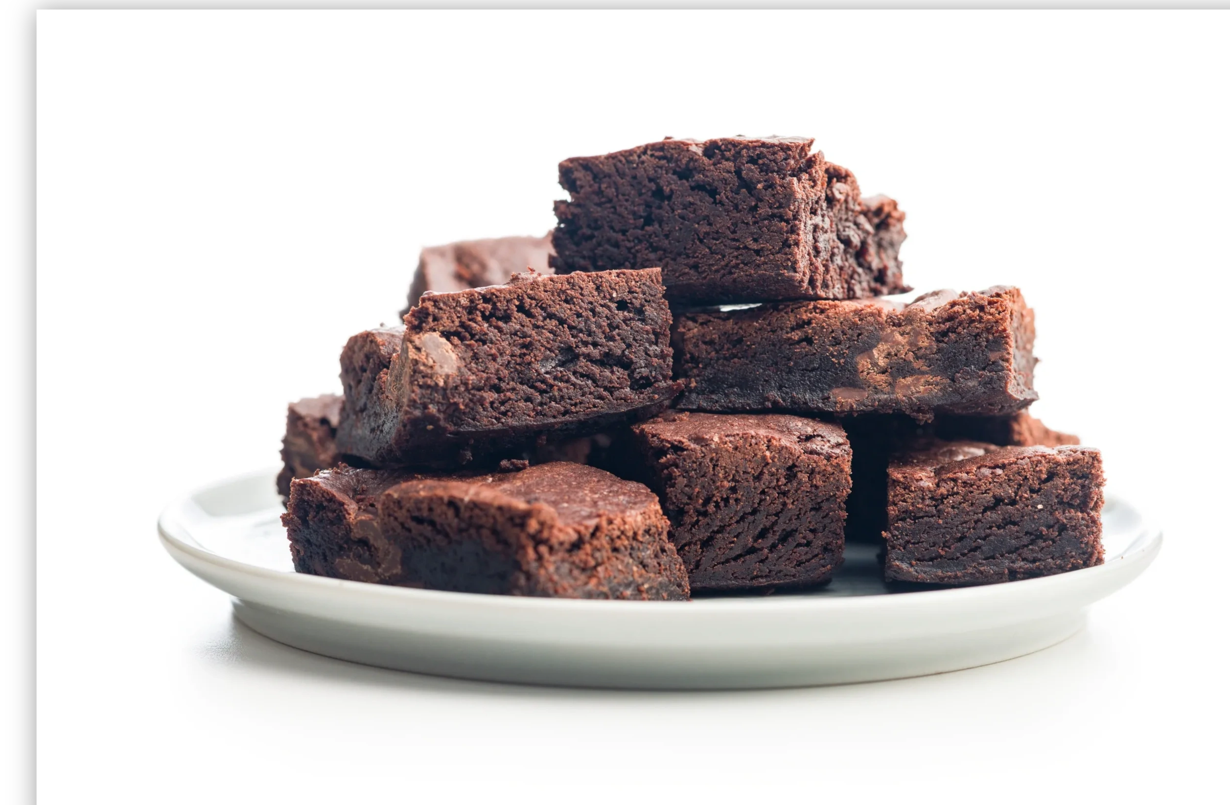 Plate piled with rich, chocolate brownies.