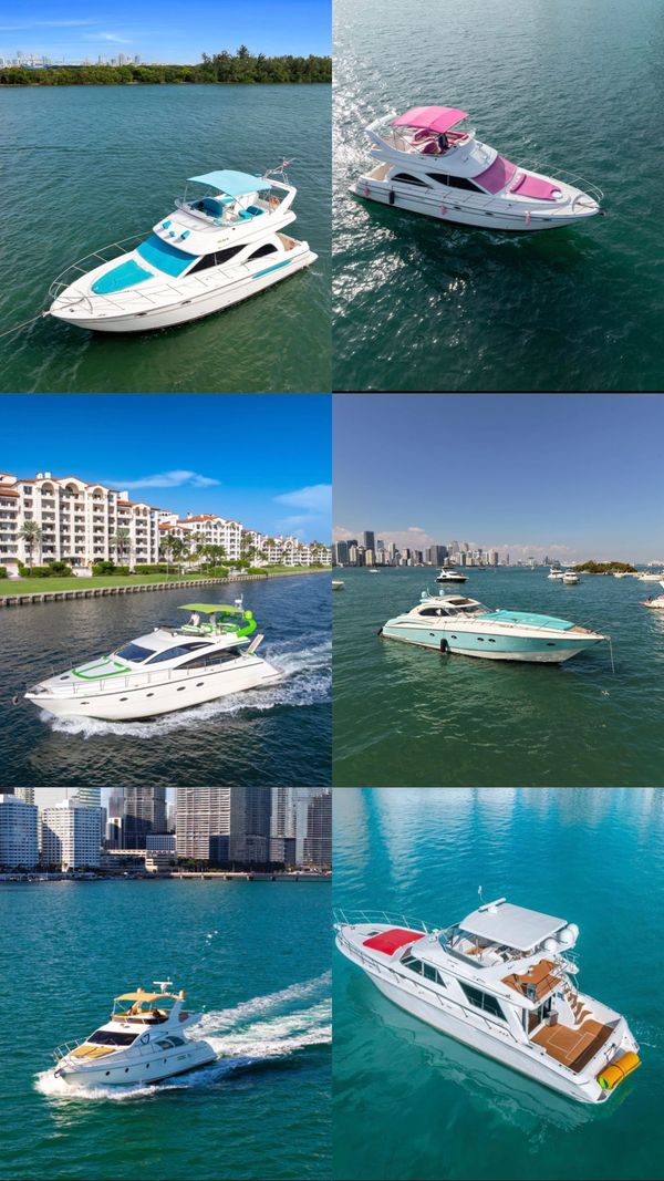 Six luxurious yachts in bright, sunny waterfront settings with city and resort backgrounds.
