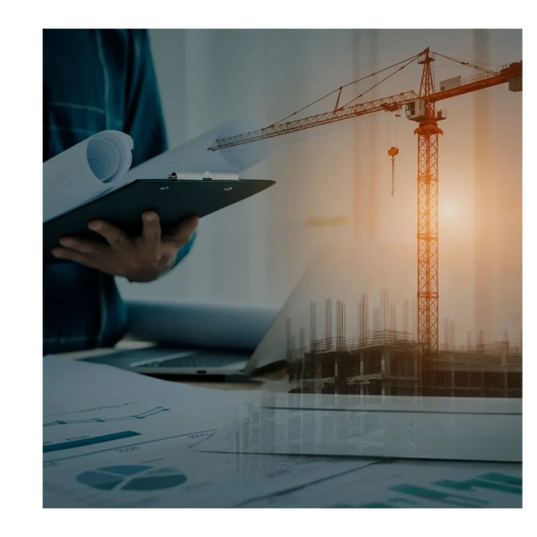 Construction planning with blueprints and crane at sunset.