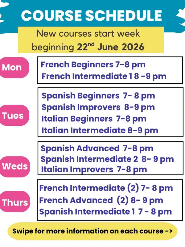 Course schedule for new language classes starting June 22, 2026.