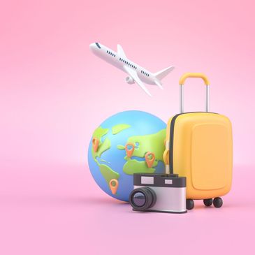 A plane taking off above a globe, camera and suitcase.