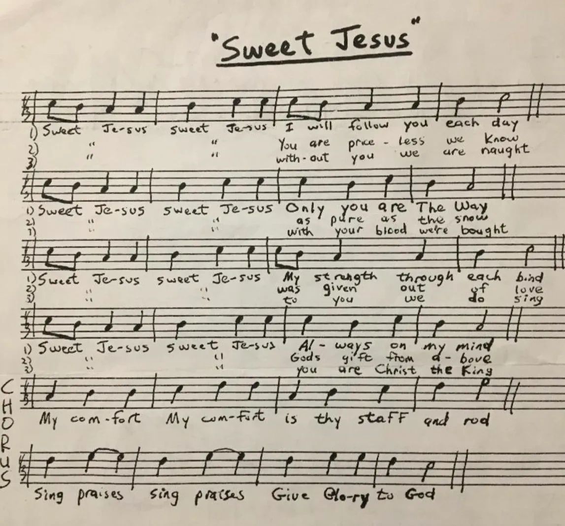 Handwritten musical sheet titled 'Sweet Jesus' with lyrics and notes.