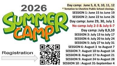 2026 Summer Camp schedule with dates and registration QR code.