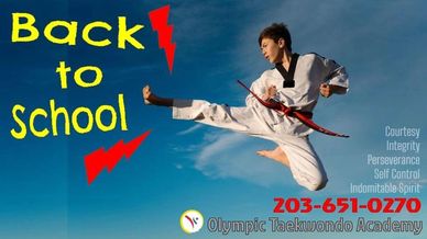Martial artist in mid-air kick promoting Olympic Taekwondo Academy's back-to-school program.
