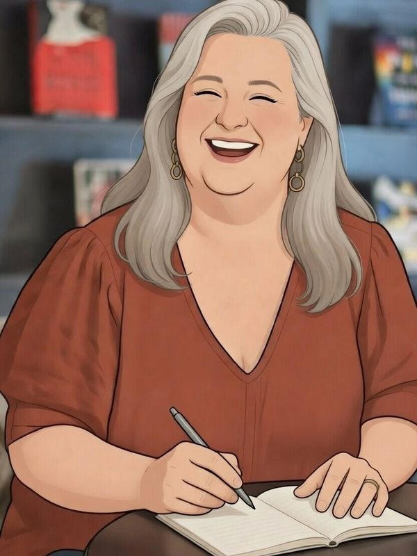 A joyful woman with gray hair writing in a notebook.
