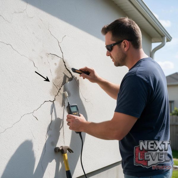 Man inspecting and measuring wall cracks on stucco.