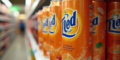 A selection of canned drinks on a supermarket shelf in Norway