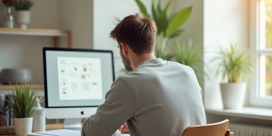 A young professional, writing content at his computer in the spring