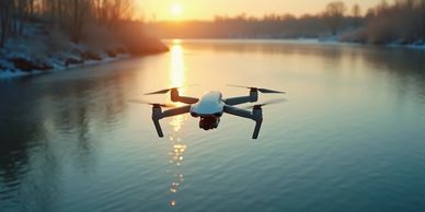 A drone hovering above a wintery lake with the sunset in the background