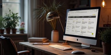 An Apple computer with a marketing strategy on the screen in a Scandinavian style home office