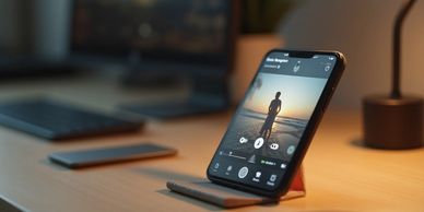 A mobile phone with an Instagram reel showing on the screen in a relaxing and dimly lit home office