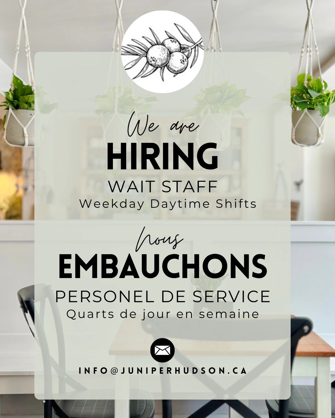 Hiring wait staff for weekday daytime shifts, bilingual ad.
