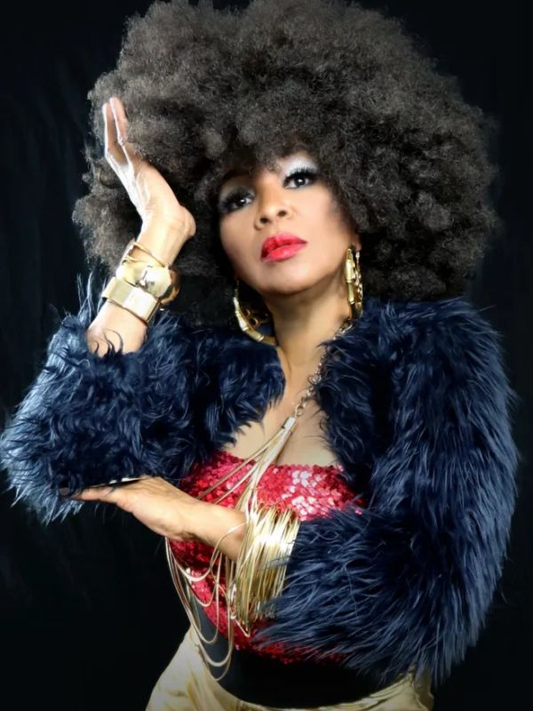 Woman with afro hairstyle and glamorous outfit.