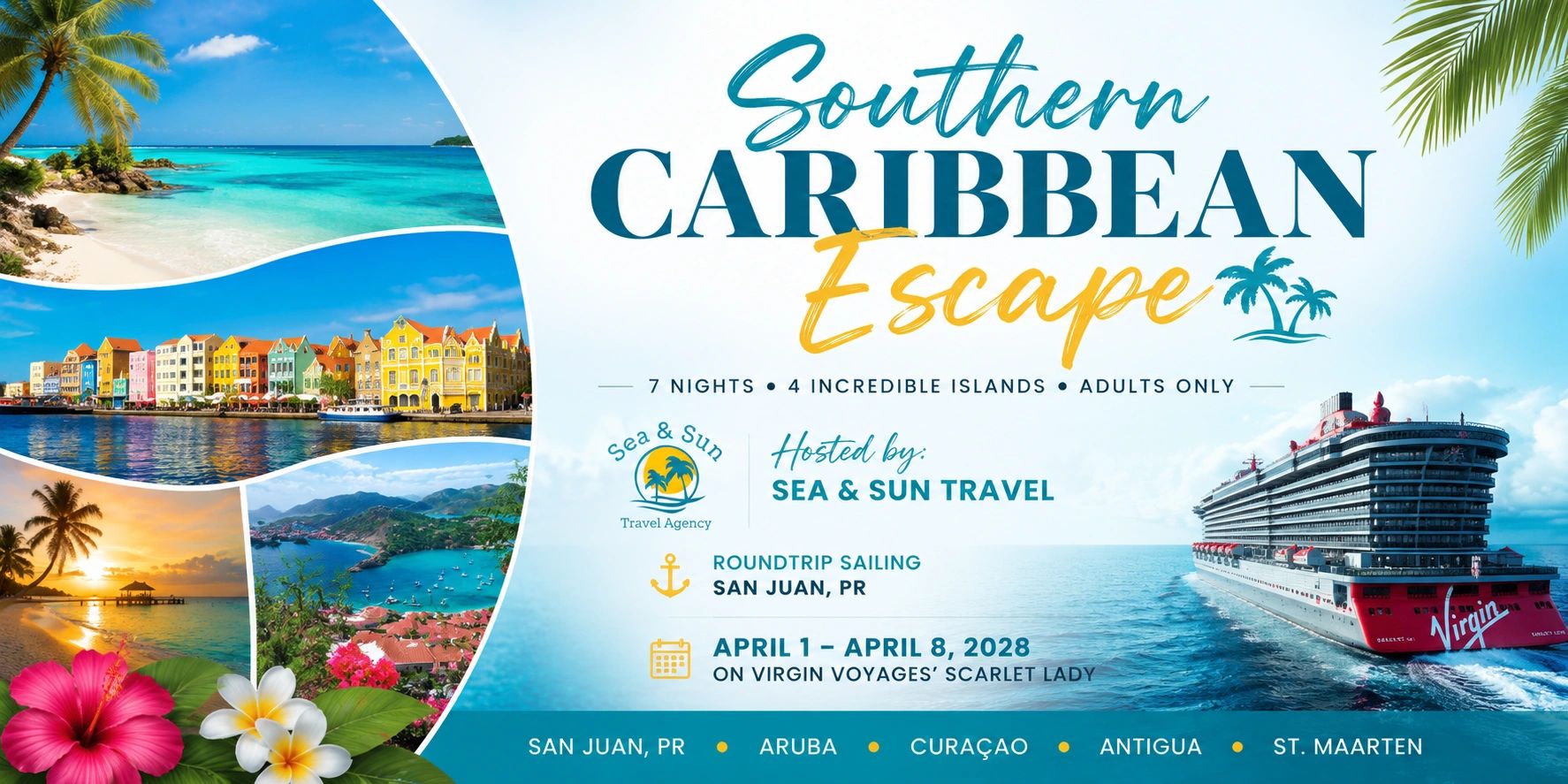 Southern Caribbean cruise escape with Virgin Voyages' Scarlet Lady, 7 nights, adults only.