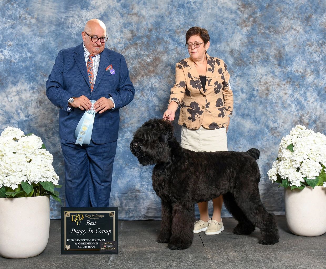 Woman presenting a black dog winning Best Puppy In Group award.