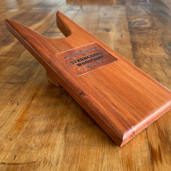Wooden boot jack with inlaid branded leather strongbarn woodshop