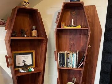 Toe Pincher coffin bookshelf handcrafted from solid timber in New Zealand