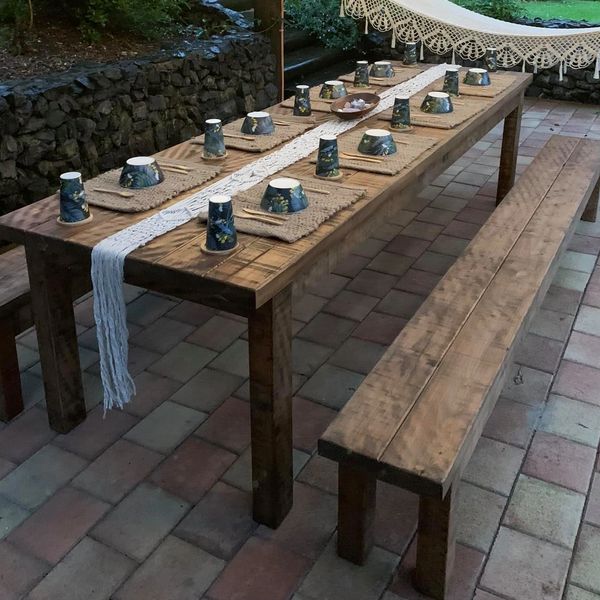 Rustic solid wood outdoor table and bench seats strongbarn woodshop