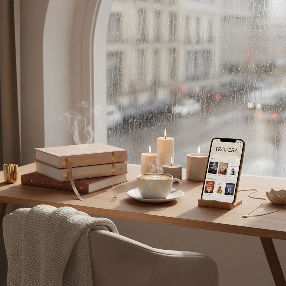 Cozy rainy day setup with books, candles, coffee, and a phone showing an e-book app.