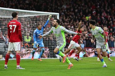 Football celebration photograph during a Premier League match at Nottingham Forest.