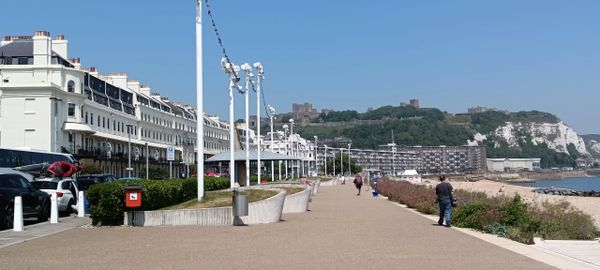 Dover Castle and white cliffs East from Dover Promenade.