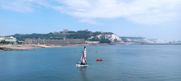 Dover Castle and white cliffs (East) taken from Dover Pier.