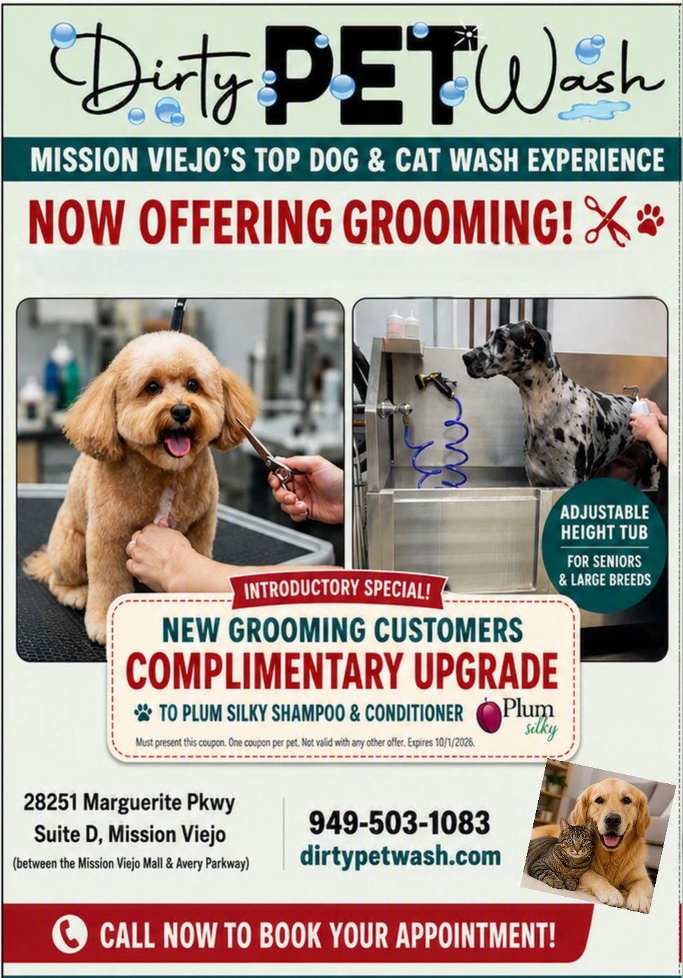 Dirty Pet Wash offers dog and cat grooming with complimentary shampoo upgrade.